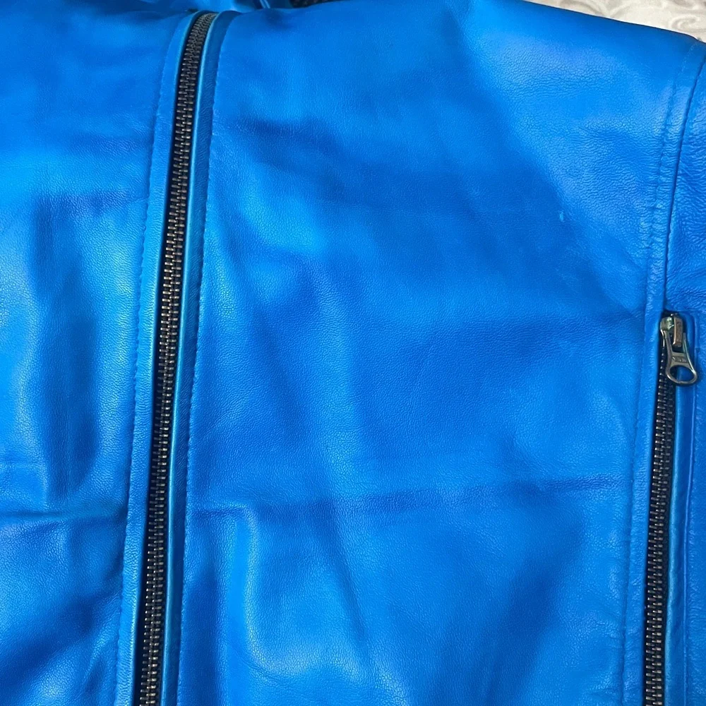 Genuine Leather Distressed Look Cafe Racer Jacket Zip Front & Sleeves Blue Large